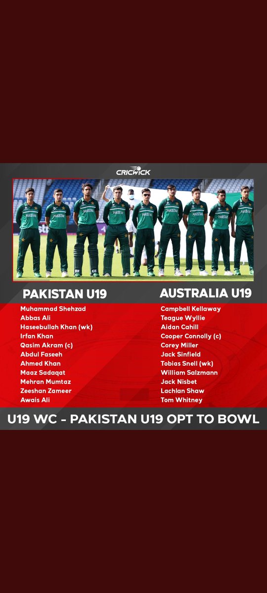 Pak U19 team won the toss and Chose to field first
Here is both team
Best of luck Guys insha Allah you will win it.
#U19CWC  #PAKU19VSAUSU19
#PakistanZindabad