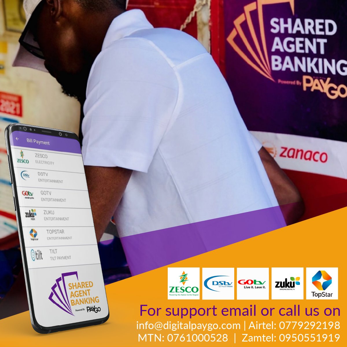 Digital PayGo (@digital_paygo) on Twitter photo Pay for bills conveniently at any Digital PayGo shared agent.
For support call or email us at info@digitalpaygo.com
Airtel: 0779292198 | MTN: 0761000528 | Zamtel: 0950551919 Pay for bills conveniently at any Digital PayGo shared agent.
For support call or email us at info@digitalpaygo.com
Airtel: 0779292198 | MTN: 0761000528 | Zamtel: 0950551919