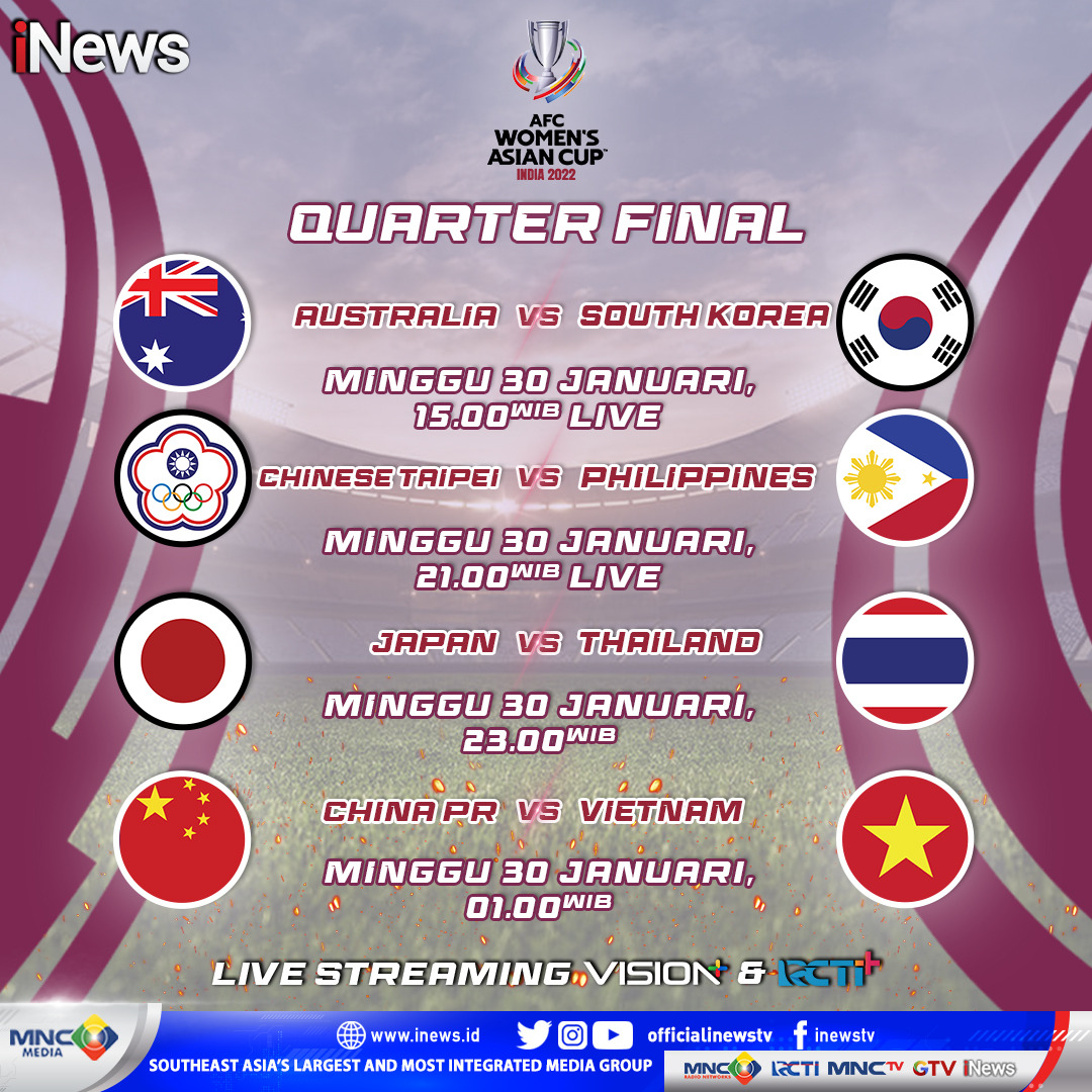 SeputariNews's tweet photo. Saksikan!!
Kejuaraan Sepakbola Wanita Bergengsi !
AFC Women's Asian Cup
India 2022
Hanya di iNews!
#inews #inewstv #sepakbola #soccer #football #womensasiancup #womenfootball #india2022 #afc #timnas #wanita #garuda #pertiwi #asianfootballconfederation #fyp #sports https://t.co/t3FQ3yk4QD