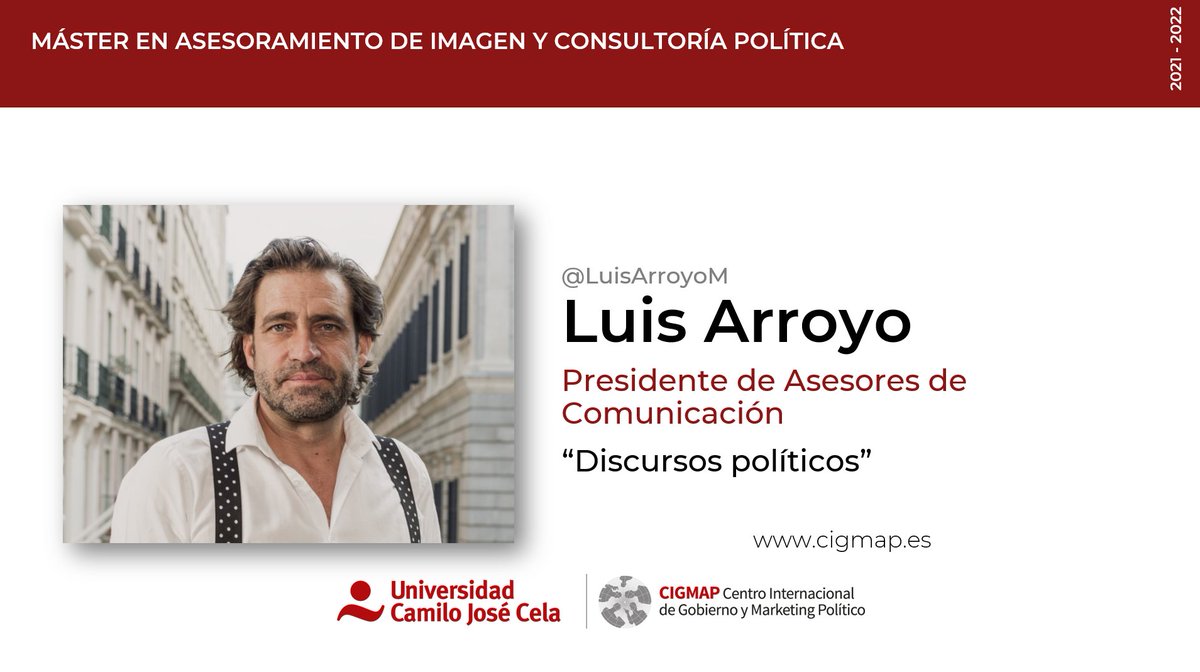Jornada de aprendizaje teórico y práctico sobre discursos políticos con el consultor Luis Arroyo, <a href="/LuisArroyoM/">Luis Arroyo</a> , Presidente de Asesores de Comunicación, hoy en el <a href="/masterpolitica/">Master Política</a> del <a href="/cigmapucjc/">CIGMAP</a> de la <a href="/universidadcjc/">UCJC</a>  
#ComPol