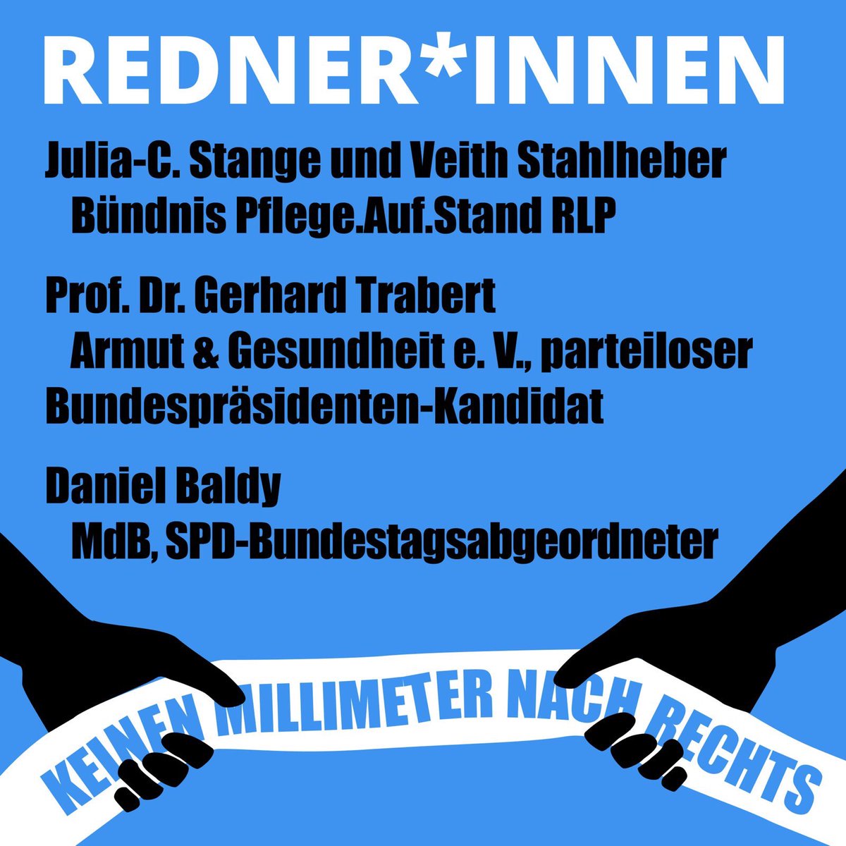 Mainz stabil! 
In unserer Stadt ist ein starkes Bündnis entstanden, das alle Mainzer*innen zu engagiertem Protest gegen die Schilderläufe aufruft. Kommenden Montag am Gutenberplatz mit Redebeiträgen, u.a. von Prof. Dr. Trabert. <a href="/trabertwaehlen/">Prof. Dr. Gerhard Trabert</a> 
Kommt alle! #Mainz #MZ3101