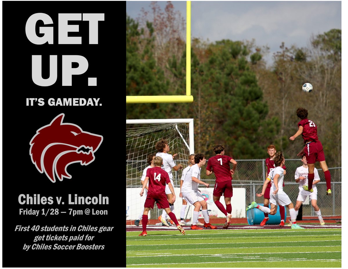 TWolves_Soccer's tweet photo. Come out to Leon tonight to cheer on your Chiles Boys Soccer team as they take on Lincoln in District Playoffs.  The Chiles Boys Soccer Boosters will pay for the tickets for the first 40 students in Chiles gear! #BeatLincoln https://t.co/yyEuzIjG8I