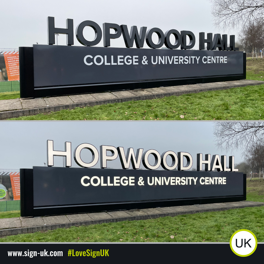 Sign_UK's tweet photo. Illuminated letters and signage installed this week for @hopwoodhall 🙌 3D built up LED letters faced with a 3M dual-color film for day/night effects, what do you think? 😀

#SignUK #HopwoodHall #IlluminatedLetters #LEDletters #3Dletters #Signage #Signfitting #LoveSignUK https://t.co/PCyTmWIolu