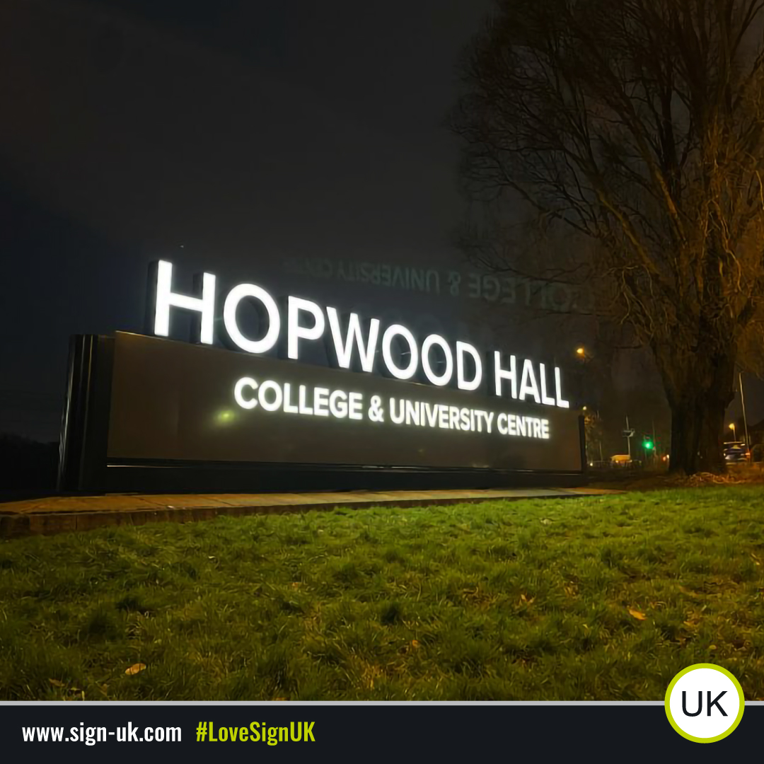 Sign_UK's tweet photo. Illuminated letters and signage installed this week for @hopwoodhall 🙌 3D built up LED letters faced with a 3M dual-color film for day/night effects, what do you think? 😀

#SignUK #HopwoodHall #IlluminatedLetters #LEDletters #3Dletters #Signage #Signfitting #LoveSignUK https://t.co/PCyTmWIolu