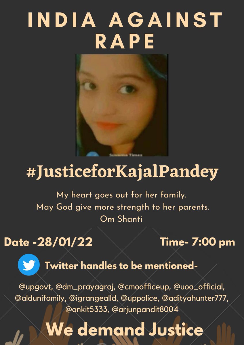 _ankit5858's tweet photo. काजल को न्याय दो। ✊
आरोपियों पर शख्त करवाई हो। 

#justiceforkajalpandey
#justiceforkajalpandey 
#justiceforkajalpandey
 
@UPGovt @DM_PRAYAGRAJ @CMOfficeUP @UoA_Official @aldunifamily @igrangealld @Uppolice @adityahunter777 @ankit5333 @ArjunPandit8004 https://t.co/wHcaCYJqny
