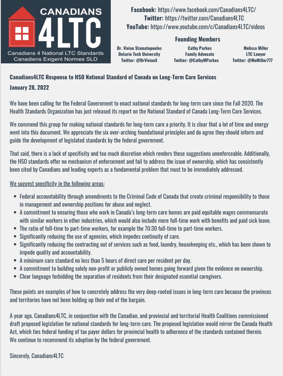 Canadians4LTC's tweet image. On Jan 26, 2022 @LTCStandards released a LTC national standards draft. Attached is the official response from Canadians4LTC. @JustinTrudeau @CanadianPM @jyduclos @KamalKheraLib #nationalstandards4LTC