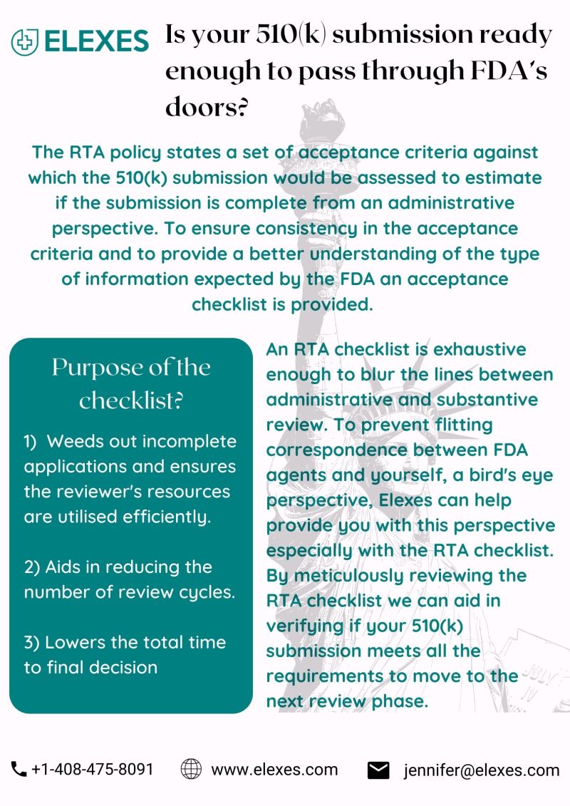 ElexesInc's tweet photo. If you are a sponsor, manufacturer, or applicant interested in obtaining a 510(k) clearance for your medical device or IVD, then embark on ensuring your submission can quickly get through the administrative review of your 510(k).
#510k #IVD #FDA #RTApolicy #elexes https://t.co/WuKUJ3Dsfo