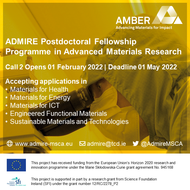 AdmireMsca's tweet photo. Delighted to announce that #ADMIRE #Call2 opens next week! Opens 01 Feb 2022. Deadline 01 May 2022. Full details on https://t.co/iD7PYC3Q2C! #JobFairy #Research #Materials #PostDocJobs @ambercentre @MSCActions @REA_research @scienceirel @mariescurie_ire @PostdocJobs @FindAPostDoc https://t.co/viIt1pocsl