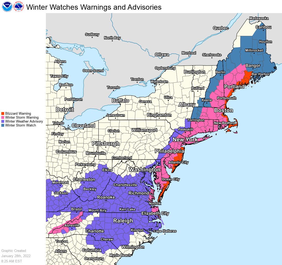 NWSEastern's tweet photo. Blizzard Warnings have been issued for parts of the Mid Atlantic and New England coasts.  These may be expanded, particularly across eastern Long Island and eastern Maine later today. https://t.co/ahv0qO2IEP