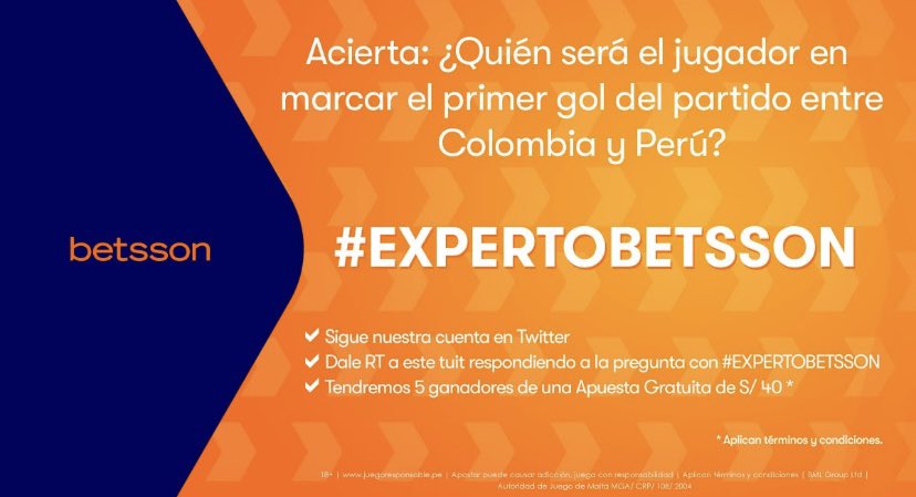 betssonperu's tweet photo. #ExpertoBetsson Acierta: ¿Quién será el jugador en marcar el primer gol del partido entre Colombia 🇨🇴 🆚 Perú 🇵🇪?

• Dale RT🔁
• Responder con el #ExpertoBetsson
• Síguenos✅

Tendremos hasta 5 ganadores de una apuesta gratuita de 40 soles 💰 https://t.co/A4oqhAkIao