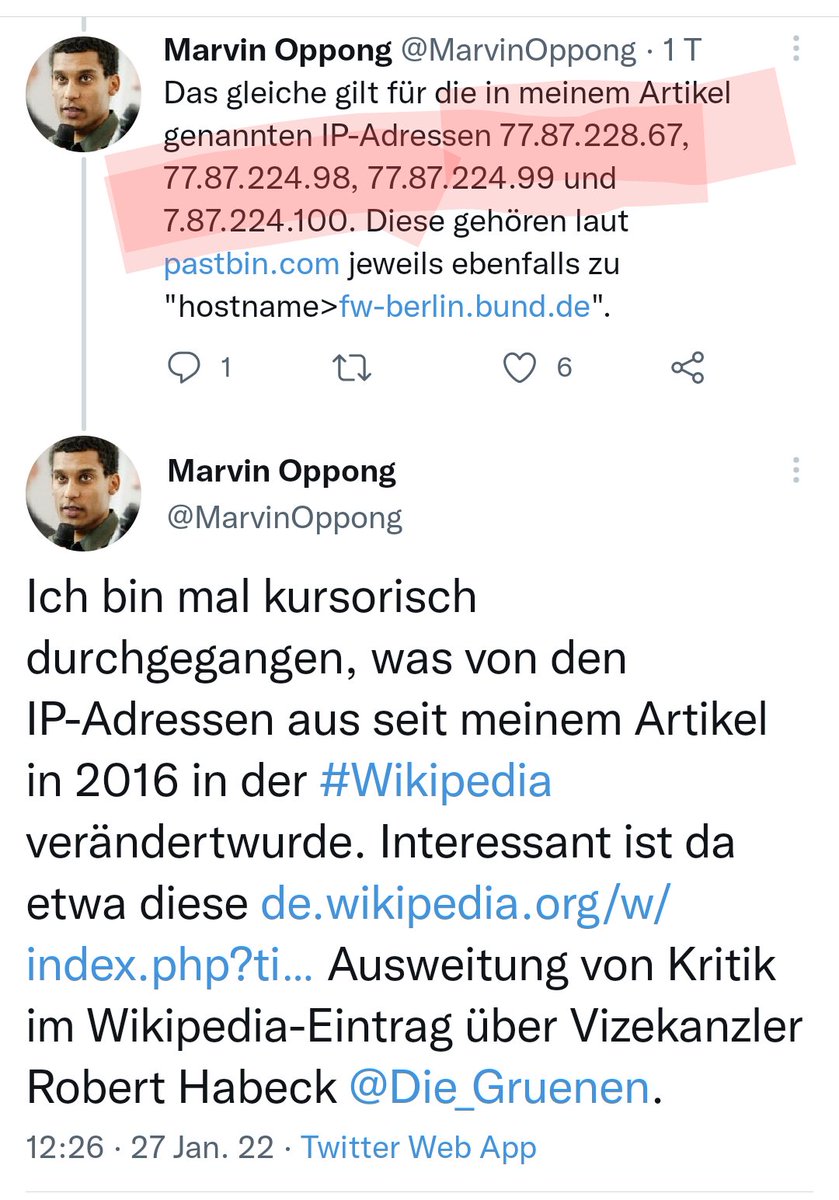 Als ich vor Jahren ein Buch über Geheimdienste schrieb, erhielt meine Webseite häufig Besuch von IP-Adressen, die ich dem #Verfassungsschutz zuordnen konnte. <a href="/MarvinOppong/">Marvin Oppong</a> fand nun heraus, dass von diesen Adressen neulich der Wikipedia-Artikel zu Robert #Habeck manipuliert wurde.