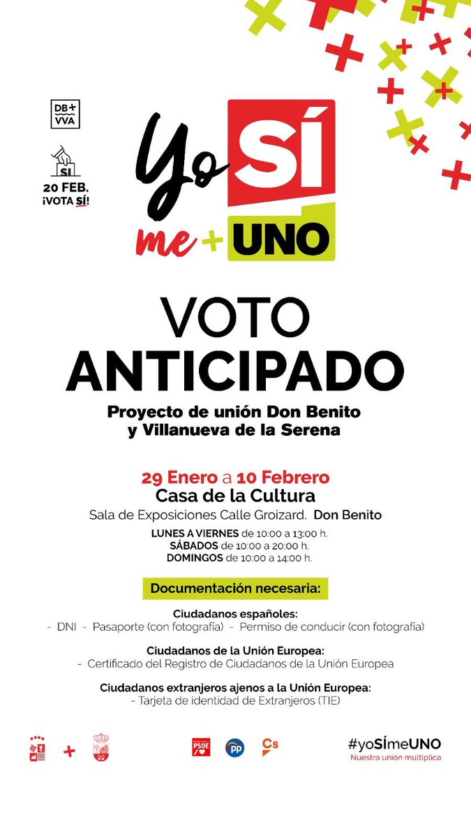 📢 VOTO ANTICIPADO:⁣
📅 𝟐𝟗 𝐝𝐞 𝐞𝐧𝐞𝐫𝐨 al 𝟏𝟎 𝐝𝐞 𝐟𝐞𝐛𝐫𝐞𝐫𝐨.
𝐃𝐨𝐧 𝐁𝐞𝐧𝐢𝐭𝐨: 𝘊𝘢𝘴𝘢 𝘥𝘦 𝘭𝘢 𝘊𝘶𝘭𝘵𝘶𝘳𝘢, 𝘤𝘢𝘭𝘭𝘦 𝘎𝘳𝘰𝘪𝘻𝘢𝘳𝘥.
⁣⁣⁣⁣🔗➕ Razones 👇
bit.ly/3nGnwns
<a href="/J_L_Quintana/">José Luis Quintana</a> @magallardovva <a href="/Ayto_DonBenito/">Ayto. Don Benito</a> <a href="/aytovvaserena/">Ayuntamiento de Villanueva de la Serena (Badajoz)</a> <a href="/yosimeuno/">Proyecto Unión DB+VVA</a>