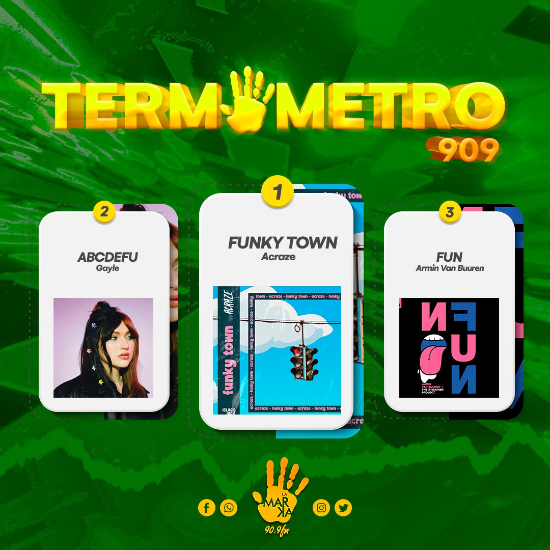 LaMarka909Fm's tweet photo. ¡Buenos días #Markafans! <3
Te compartimos el top 3 de #TERMÓMETRO909 para esta semana, escúchalo en The Sunshine en punto de las 8 am. 🔥🥵
1. Funky town- @Acraze___
2. ABCDEFU- @whoisgayle
3. No fun- @arminvanbuuren https://t.co/OJjiXpnJiD