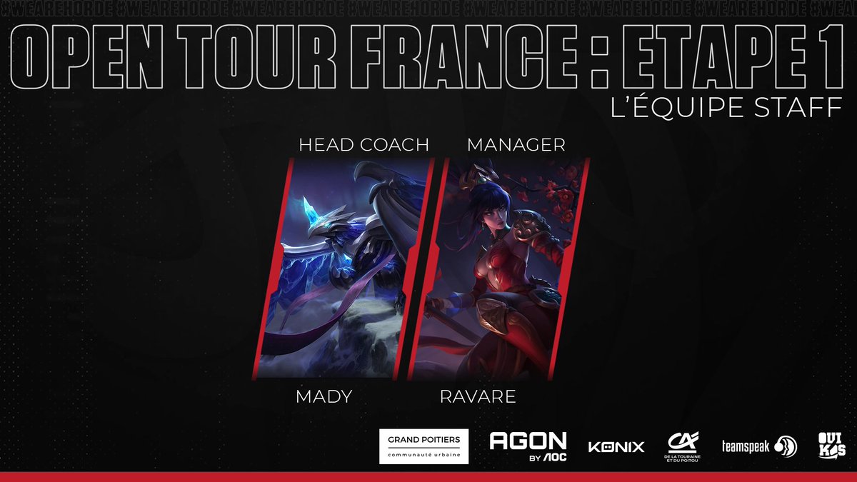 🚨 #LoLOpenTour - Equipe Staff🚨

Pas d'Open Tour chez orKs GP sans notre équipe staff qui donne tout pour aider les joueurs ! 🙌

➡️<a href="/Mady2707/">Coach Mady</a> - Head Coach
➡️<a href="/Ravare_/">Mathys "Ravare" Martin</a> - Manager

Rendez-vous samedi à 13h pour le premier match ! 👊 #WeAreHorde