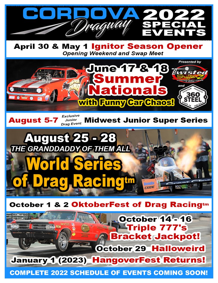 We are incredibly excited to be a part of the next chapter in Cordova Dragway history.  Check back often to get the latest info.  See you at the track!!!!