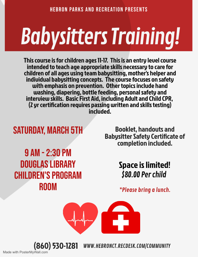HebronCTRec's tweet image. Babysitters Training is back!  Register now, space is limited!