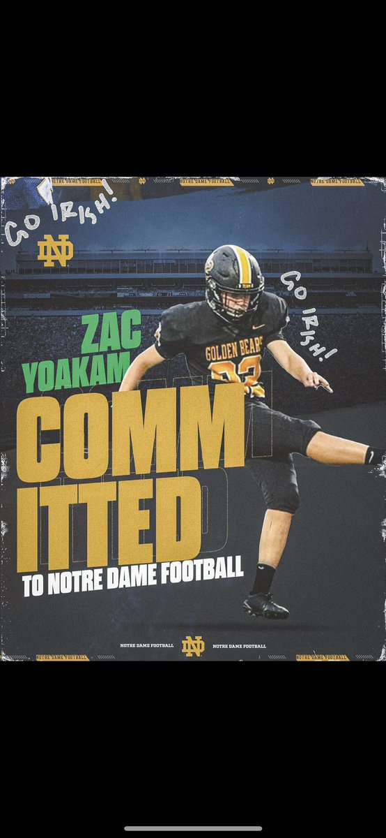 zacyoak's tweet photo. 1000% Committed #GoIrish @CoachMaseND @NDFootball @DrewDaKicker24 @coachripshwtime @Chris_Sailer @KohlsKicking @GoldenBears_FB https://t.co/BOcMBmns0A