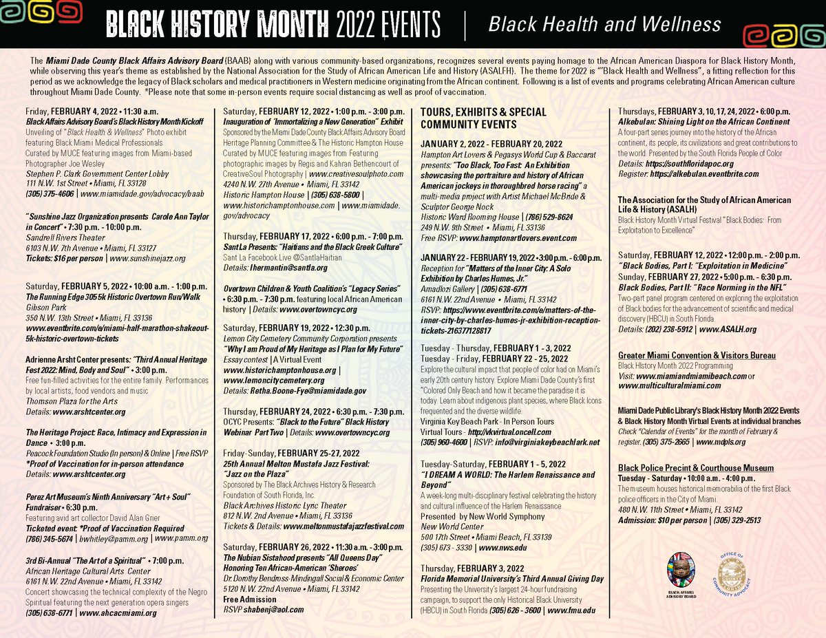 Miami-Dade Community Advocacy (@advocacymdc) on Twitter photo <a href="/BlackAffairsAB/">Miami-Dade County Black Affairs Advisory Board</a> invites you to celebrate the Black History Month Kickoff and Exhibit on February 4th, 2022 at 11:30 a.m.! The Board will unveil the Black Health & Wellness Photo Exhibit curated by MUCE featuring images from Joe Wesley. We look forward to seeing you there! <a href="/BlackAffairsAB/">Miami-Dade County Black Affairs Advisory Board</a> invites you to celebrate the Black History Month Kickoff and Exhibit on February 4th, 2022 at 11:30 a.m.! The Board will unveil the Black Health & Wellness Photo Exhibit curated by MUCE featuring images from Joe Wesley. We look forward to seeing you there!