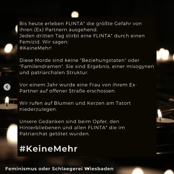 bgrwiesbaden's tweet photo. Vor einem Jahr wurde eine Frau in Wiesbaden von ihrem Ex-Partner auf offener Straße erschossen. Wir teilen den Aufruf zur Mahnwache.
Am 1.2.2022, 17-19 Uhr, Sedanplatz, #Wiesbaden #keineMehr #NiUnaMás 

https://t.co/9QwADlzGfQ https://t.co/LpJgyrmehg