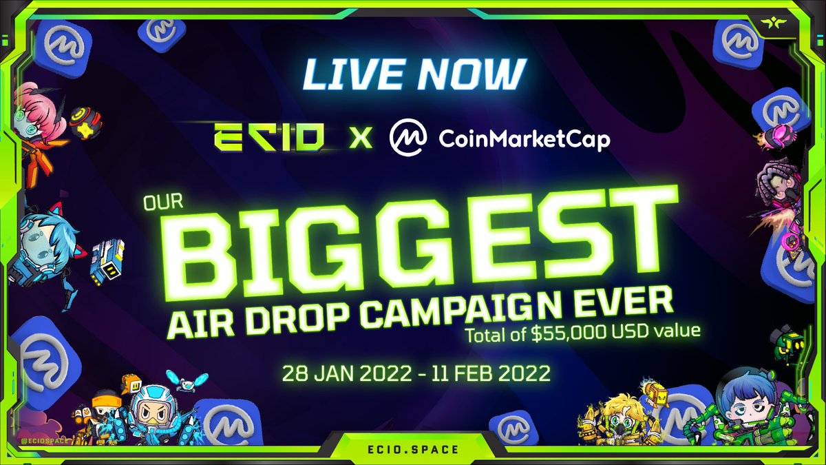 🌥⚡LIVE NOW : BIGGEST AIRDROP CAMPAIGN ⚡🌥 👨‍🚀💱 Ecio is, in partnership with @Coinmarketcap, hosting a massive $55,000 airdrop campaign!  ⏰📅 The airdrop campaign starts on 28 January | 14.00UTC - 11 February | 14.00UTC 📡 Join the airdrop live: coinmarketcap.com/currencies/eci…