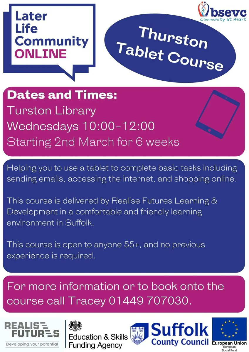 Our FREE Tablet Courses are back! 
We are running a Thurston tablet course for 55+ on Wednesdays 10am-12pm starting 2nd March. 
Learn how to use a tablet to email, use the internet, download apps, zoom call family and friends, etc.
Call us on 01449 707030 to book your space!