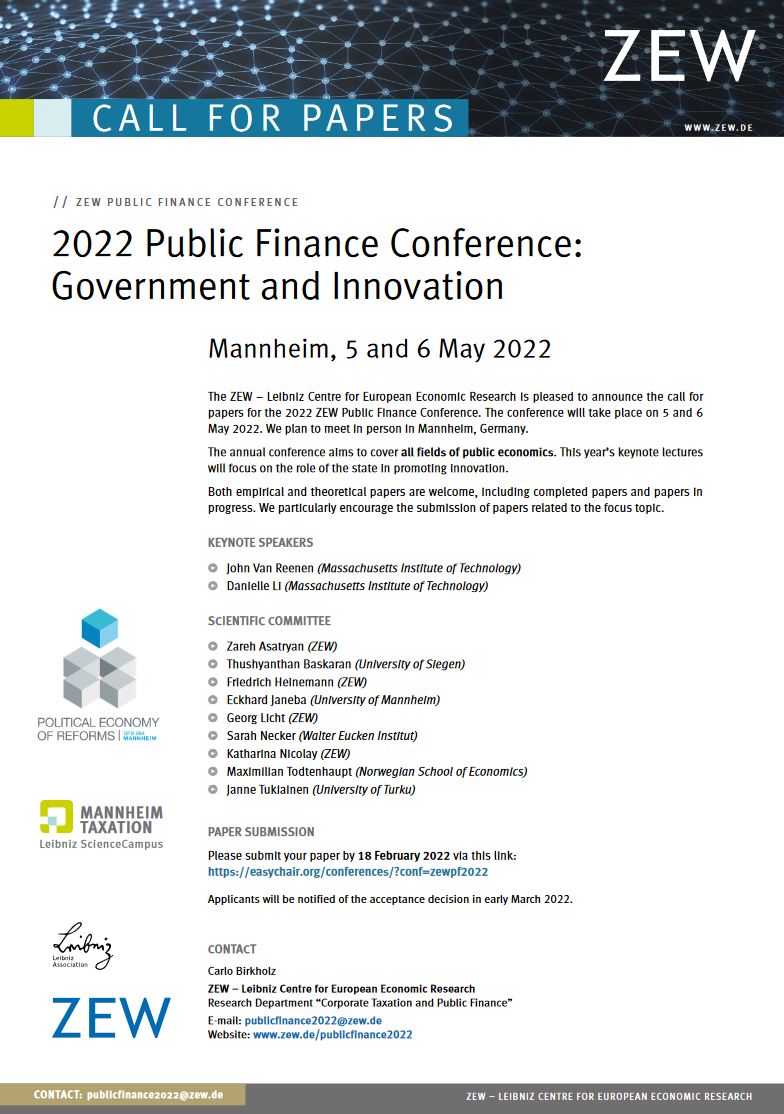 zew_en's tweet image. #CallforPapers 📣: #ZEW #PublicFinance Conference on Government and Innovation on 5 and 6 May 2022 with @Danielle__Li and @johnvanreenen @MITSloan

➡️ Deadline: 18 February 2022
➡️ More information: zew.de/publicfinance2…

We are looking forward to your contributions!