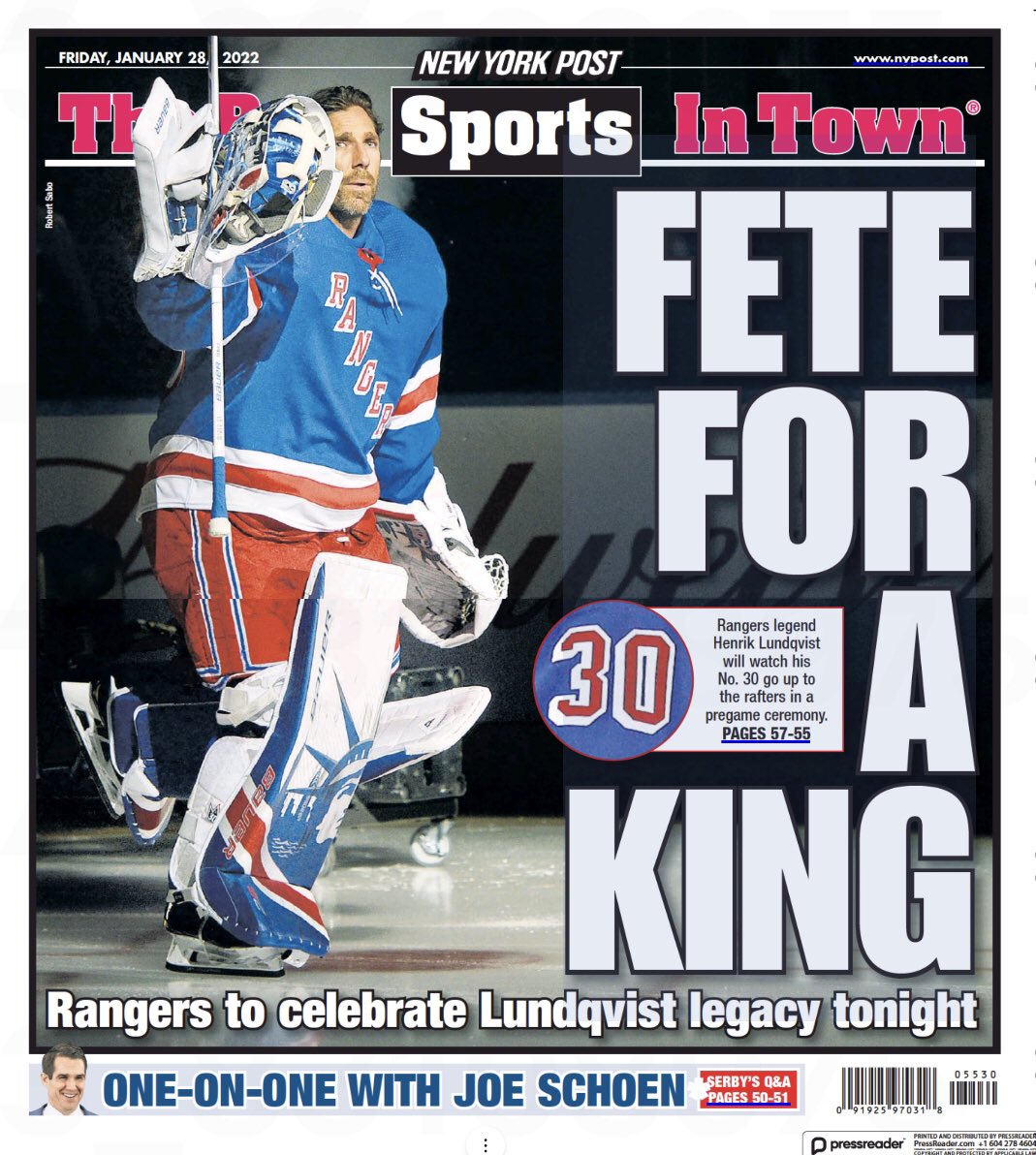 Mollie Walker on X: #NYR Henrik Lundqvist and his No. 30 take the back  page of the @nypost today  / X