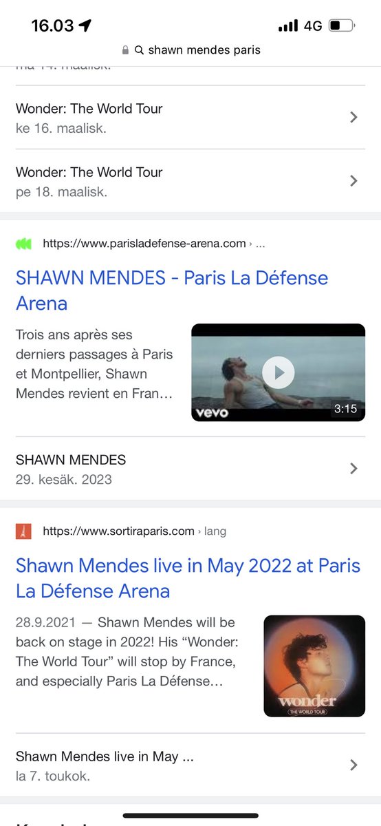 mutualekku's tweet photo. @wondercara When u google Shawn Mendes Paris it shows up that the show is in 2023 so i think that’s the reason why ppl are ssyin that its postponed but some venues has confirmed that the show will be still so idk https://t.co/9WjicYXrMx