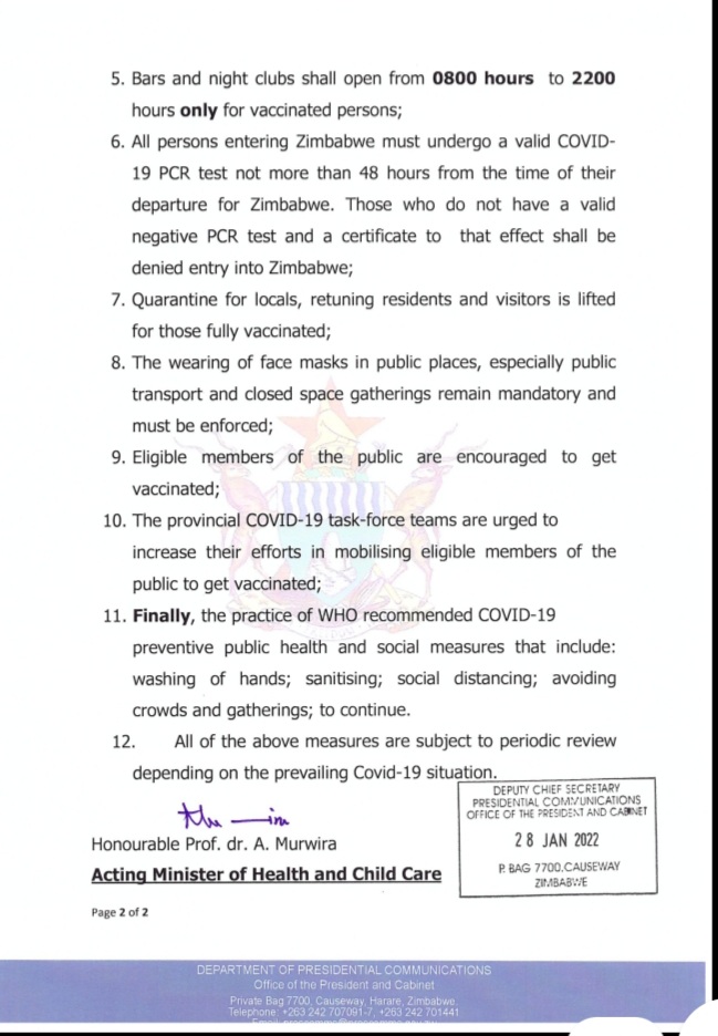 Lockdown Review : Schools to open on the 7th of February 2022. -Restaurants to operate from 0800hrs to 2200hrs