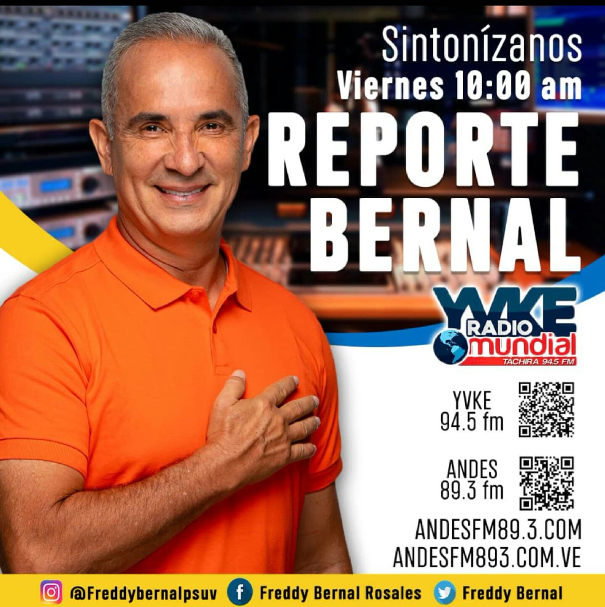 ¡Buenos dias!

Hoy Viernes #28Ene desde las 10:00 AM nuestro Gobernador <a href="/FreddyBernal/">Freddy Bernal</a> tendrá su programa radial #ReporteBernal, número 77 y el 1ero del año