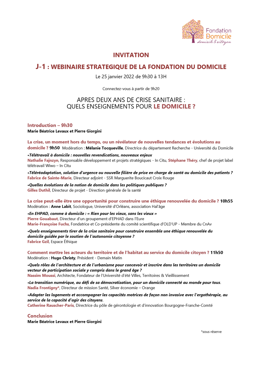 Merci aux intervenants et participants pour leurs contributions lors de notre premier webinaire mardi! Après 2 ans de crise, il était important de tirer des enseignements pour accompagner les mutations du domicile à l’aune des transitions écologique, numérique et démographique