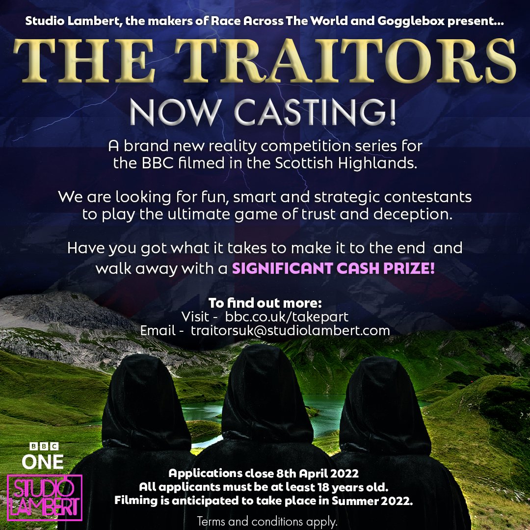 David_S_Gordon's tweet photo. @CastingNow Now casting for brand new @BBCOne reality competition series, THE TRAITORS. If you’ve got what it takes to play the ultimate game of trust and deception, and want to be in with the chance of winning a SIGNIFICANT CASH PRIZE, click here: https://t.co/qXJUliippH https://t.co/Dr2qWjBbpd