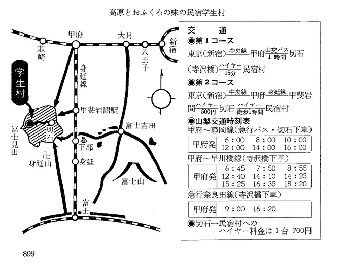 中富町誌(1971)より「学生村」への交通アクセス地図。切石は今の身延町役場がある辺りで、身延線とは川を挟んで離れている。この当時でも身延線を使うのがあまり推奨されていない。この頃は山梨交通による甲府～静岡の急行バスが6本、甲府からのバスも9+2本あったようだ 