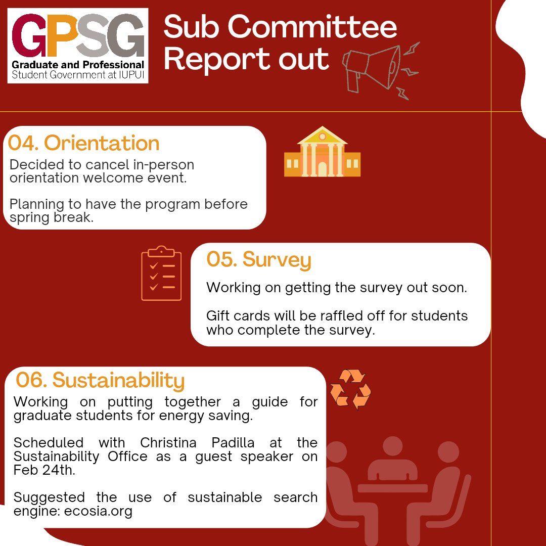 GPSG_IUPUI's tweet photo. 01.27.2022 GA meeting| Get the scoop on current discussions within the subcommittees, announcements from the executive team, and concerns raised by school representatives.
.
#gradjag #iupui #studentgovernment #spring2022 https://t.co/60c4Zb6lMN