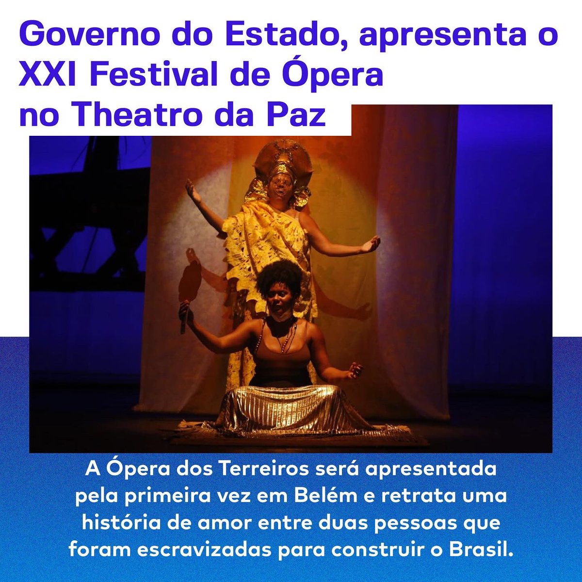 helderbarbalho's tweet photo. A partir de hoje, o Governo do Pará apresenta o XXI Festival de Ópera. O palco será o Theatro da Paz e a estreia é com a obra “Ópera dos Terreiros”, que terá apresentações até domingo, às 20h. Os ingressos podem ser adquiridos na bilheteria do Theatro ou https://t.co/I1ZxKOKZbP. https://t.co/qw0EnBnacU