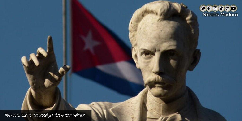 NicolasMaduro's tweet photo. Se cumplen 169 años del natalicio de José Julián Martí Pérez, uno de los héroes más grandes de nuestra América, un hombre de espíritu incansable, de ideas claras y pensamiento libertario, que luchó por la independencia y por una América unida. ¡Martí es lucha diaria! https://t.co/0bBmnvd20D