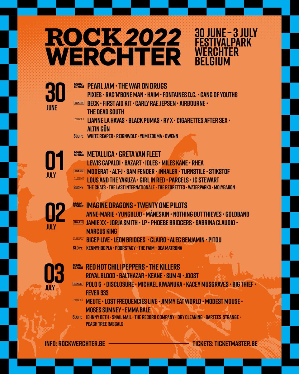 RockWerchter's tweet image. Hooray for Friday afternoon! Our line-up is almost complete, can you believe it? We are very excited to announce 64 new artists. An overview of all names announced so far can be found at rockwerchter.be. Only 153 days to go until #RW22. Let the countdown begin! 🤩