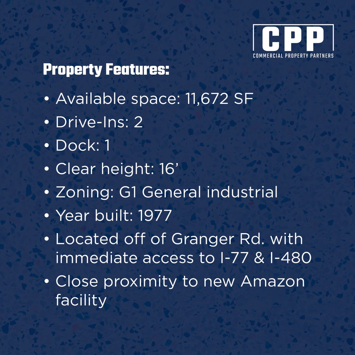 For Lease Brooklyn Heights Free-standing Flex Building
11,672 SF with 2 drive-ins and 1 dock. Located off Granger Rd. with immediate access to I-77 &amp; I-480. 
#flexbuilding #warehouse #brooklynheights #cleveland #officespace #officeforlease #cpp #realestatecp