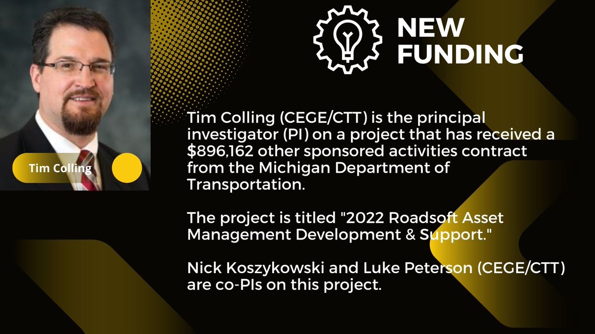 mtucege's tweet photo. Tim Colling is the PI on a project that has received a sponsored activities contract from @MichiganDOT.
The project is titled "2022 Roadsoft Asset Management Development & Support."
Nick Koszykowski and Luke Peterson are co-PIs on this project.
#NewFunding #mturesearch #roadsoft https://t.co/TSThVbs09d