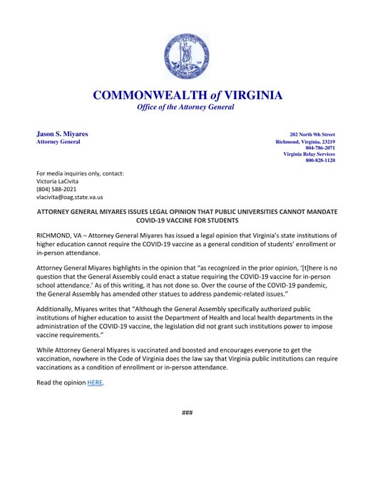 BREAKING: Virginia Attorney General Jason Miyares issues AG Opinion – Virginia state universities cannot mandate the COVID-19 vaccine as a condition for enrollment or in-person attendance.