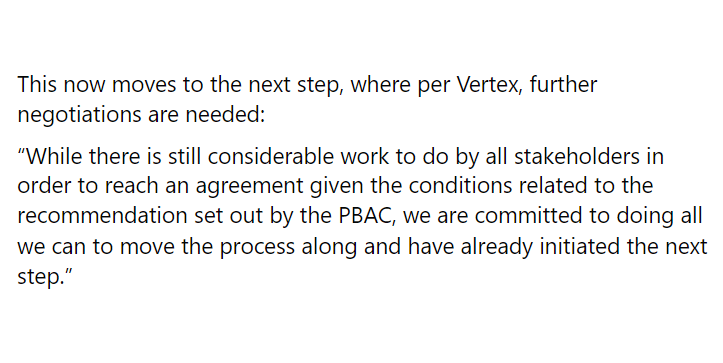 We've moved closer today but we need <a href="/VertexPharma/">Vertex Pharmaceuticals</a>  to negotiate quickly and put #LivesBeforeProfit so #Trikafta can be listed on the PBS #CFCantWait