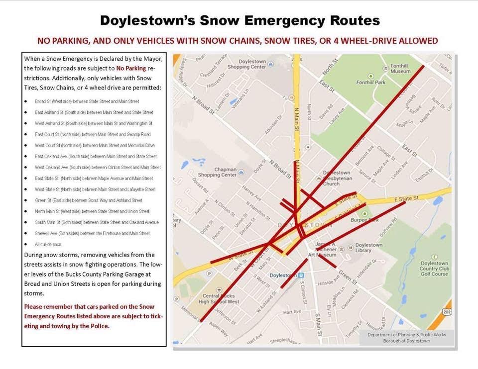 DoylestownBoro's tweet photo. Mayor Noni West has declared a Winter Storm Emergency effective at noon and continuing until snow emergency routes have been cleared.
Please do not park on a posted snow emergency route or you will be ticketed and may be towed. You will find a map of the route below: https://t.co/yXnYHn5ocE