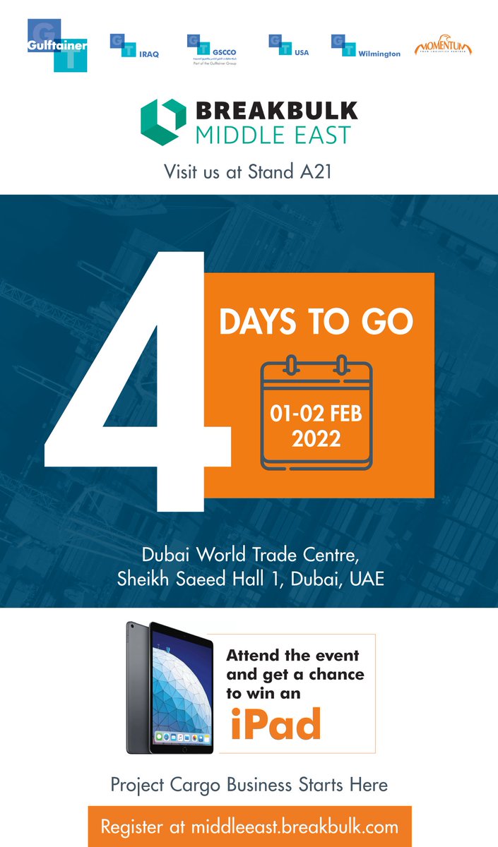 Gulftainer's tweet photo. Join @Gulftainer at the @DubaiWorldTrade for #breakbulkme https://t.co/MsNCldJUA0