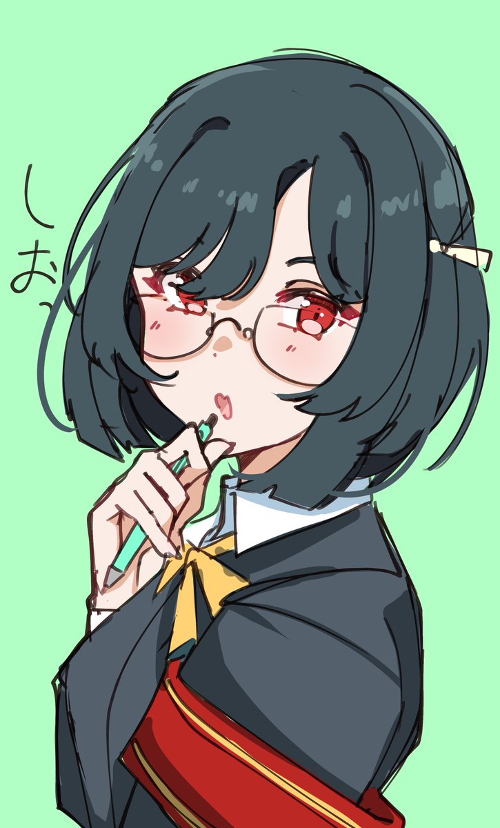 1girl dark green hair glasses red eyes solo green background school uniform  illustration images