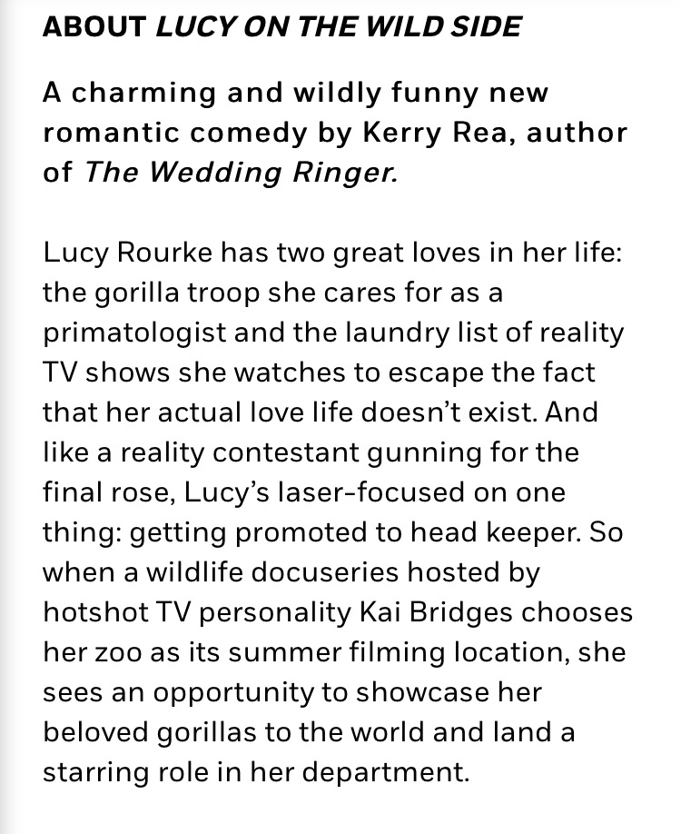 kerrymrea's tweet photo. Drumroll, please…and here it is: the cover for Lucy on the Wild Side! I can’t wait for you to meet Lucy and Kai in this enemies-to-lovers rom-com set at the zoo. This book has everything: Humor! Heart! Steam! Even a baby gorilla! Credit to Hello Marine for the lovely design. https://t.co/x5473ervM0