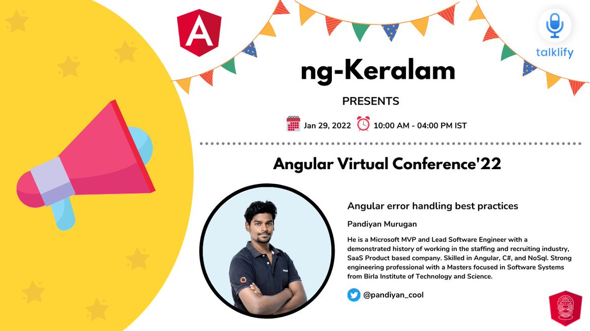 ng_keralam's tweet image. Join us with @pandiyan_cool at @angular Virtual Conference&apos;22 and let us explore angular error handling best practices
🗓️ 29th January 2022
⏰ 10:00 AM - 04:00 PM IST
👉 Reg Link - townscript.com/e/angular-virt…
#angular #ngKeralam #conference