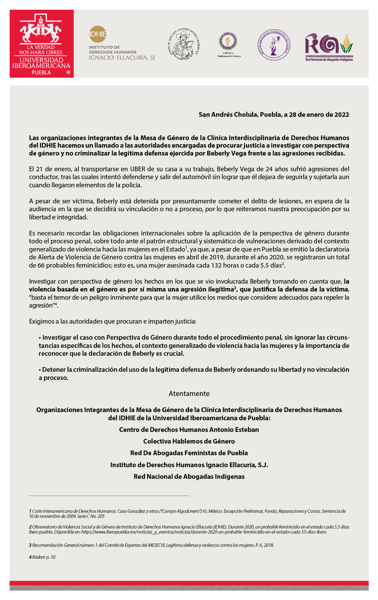 Idhie_Iberopue's tweet photo. 📢 Desde la Mesa de Género de la Clínica Interdisciplinaria de DDHH hacemos un llamado a las autoridades encargadas de procurar justicia a investigar con perspectiva de género y no criminalizar la legítima defensa ejercida por Beberly Vega frente a las agresiones recibidas. https://t.co/JelbUbmUS4