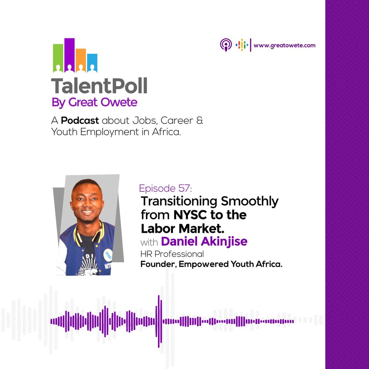 DanielAkinjise's tweet photo. A couple of days ago, I had the privilege of sharing #knowledge through @Greatowete’s #talentpoll #podcast on “how to transition smoothly from #NYSC to the labor #market” 

It was a great one and I’m happy to be receiving #positivefeedbacks from #empowered #African #YOUTH already https://t.co/nCPmHAK82Z