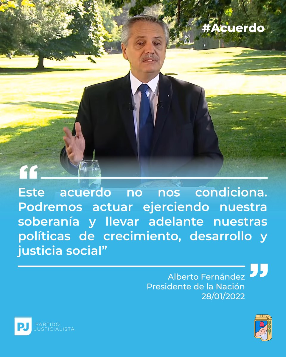Partido Justicialista (@p_justicialista) on Twitter photo El Presidente <a href="/alferdez/">Alberto Fernández</a> anunció un #Acuerdo con el FMI por la deuda irresponsable contraída por el Gobierno de Mauricio Macri.
Este entendimiento nos permite seguir transitando sin condicionamientos el camino de la #ReconstrucciónArgentina⬆️. El Presidente <a href="/alferdez/">Alberto Fernández</a> anunció un #Acuerdo con el FMI por la deuda irresponsable contraída por el Gobierno de Mauricio Macri.
Este entendimiento nos permite seguir transitando sin condicionamientos el camino de la #ReconstrucciónArgentina⬆️.