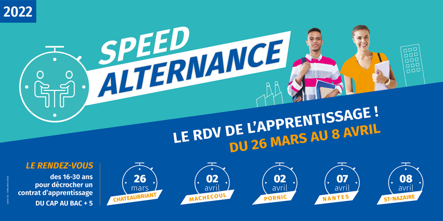 [#Alternance] Entrepreneurs du territoire, vous recherchez un alternant/apprenti  en 2022 ? 👨‍🔧🧑‍🍳👨‍🎓

Rencontrez vos futurs alternants lors des Speed Alternance 📅
✅Châteaubriant 26/03
✅Pornic &amp; Machecoul 2/04
✅Nantes 7/04
✅St-Nazaire 8/04

Infos 👉bit.ly/3g7v5zb